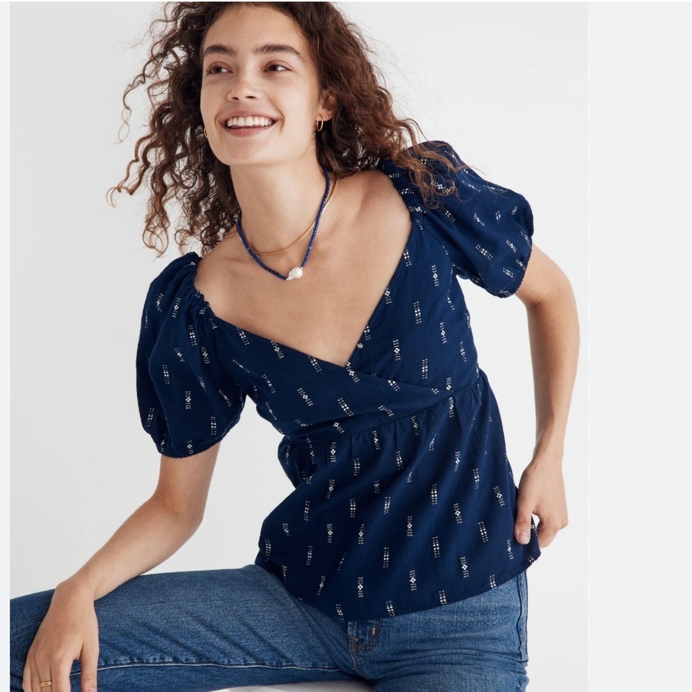 Madewell Puff Sleeve Empire Top Sz S Navy Blue Sweetheart Neck Jacquard Festival